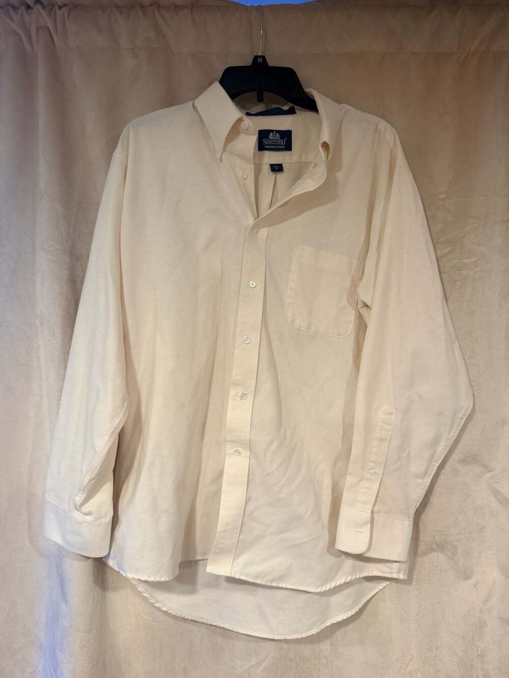 Stafford Men's Wrinkle-Free Oxford Button-Down Shirt Cream Size 16.5 33